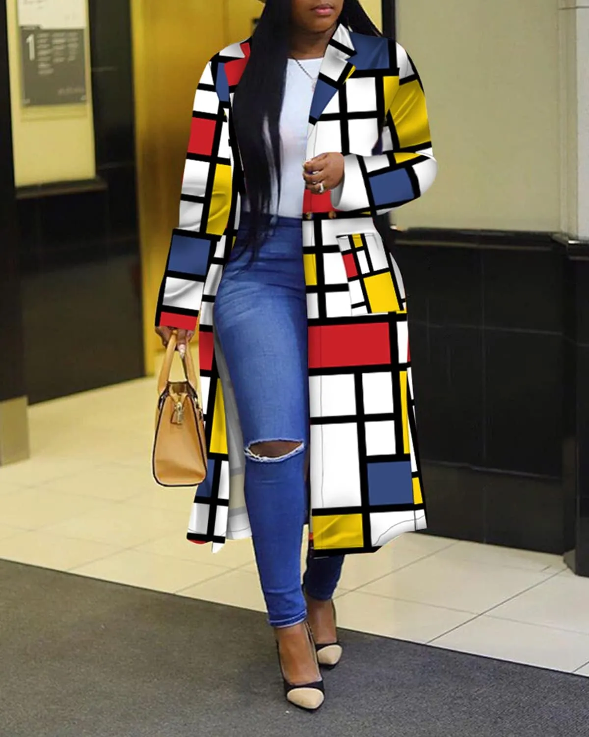 Women's Colored Geo Turn Down Collar Trench Coat Colorful Outerwear Cardigan Long Blazer Jacket