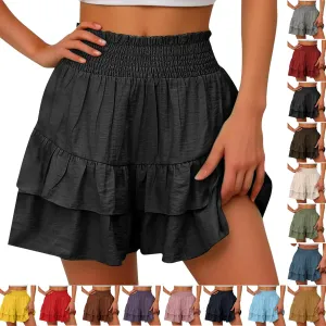 Womens Cotton Linen Bermuda Shorts High Waisted Boho Ruffle Tiered Shorts Loose Pleated Comfy Flowy Summer Pants