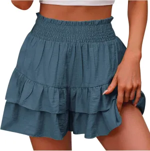 Womens Cotton Linen Bermuda Shorts High Waisted Boho Ruffle Tiered Shorts Loose Pleated Comfy Flowy Summer Pants