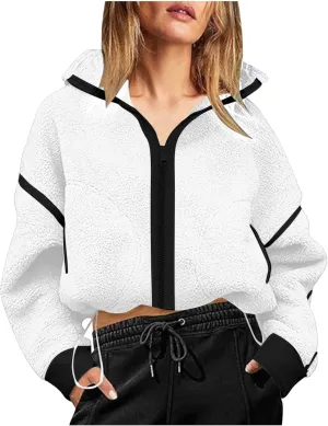 Women's Cropped Sherpa Hoodie Fleece Zip Up Jacket Warm Hooded Sweatshirt for Casual Winter and Fall Outfits