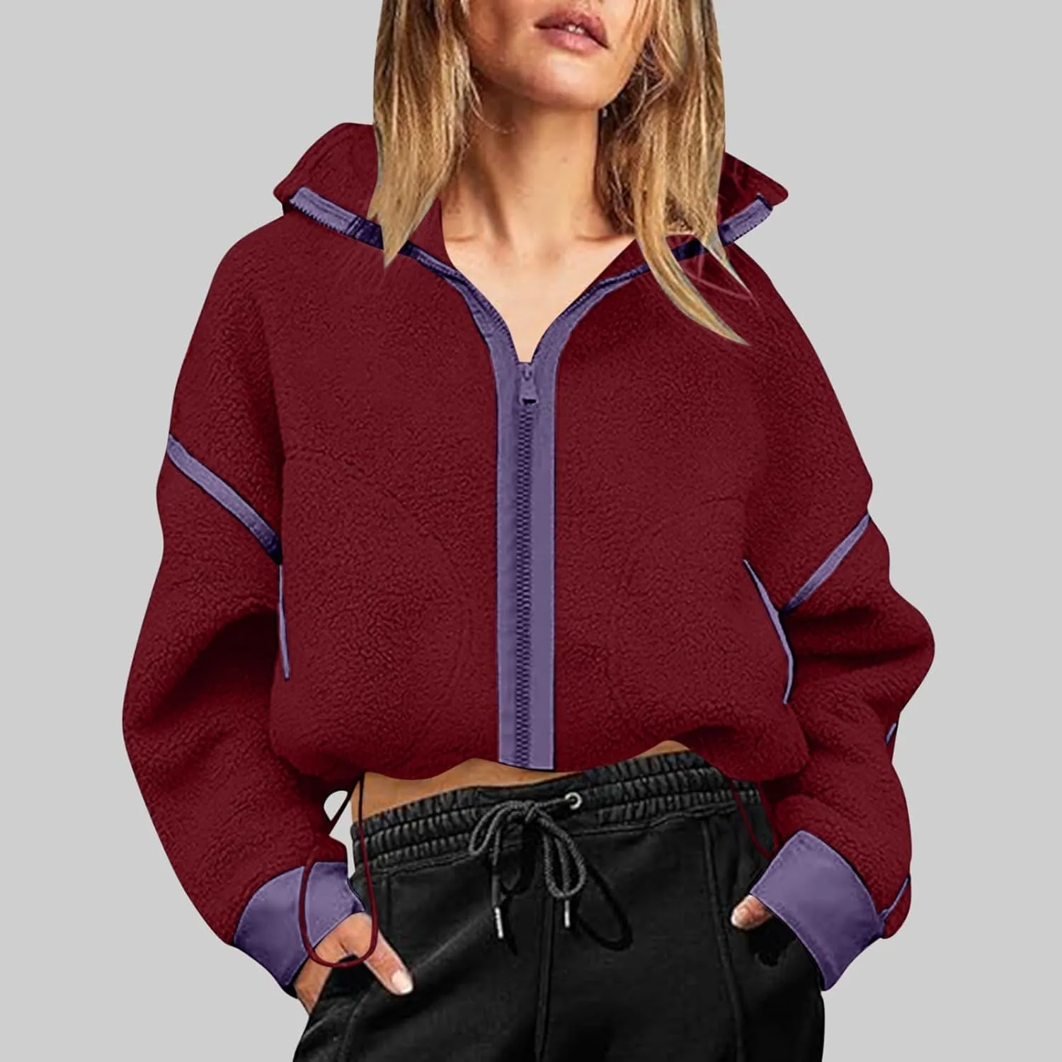 Women's Cropped Sherpa Hoodie Fleece Zip Up Jacket Warm Hooded Sweatshirt for Casual Winter and Fall Outfits