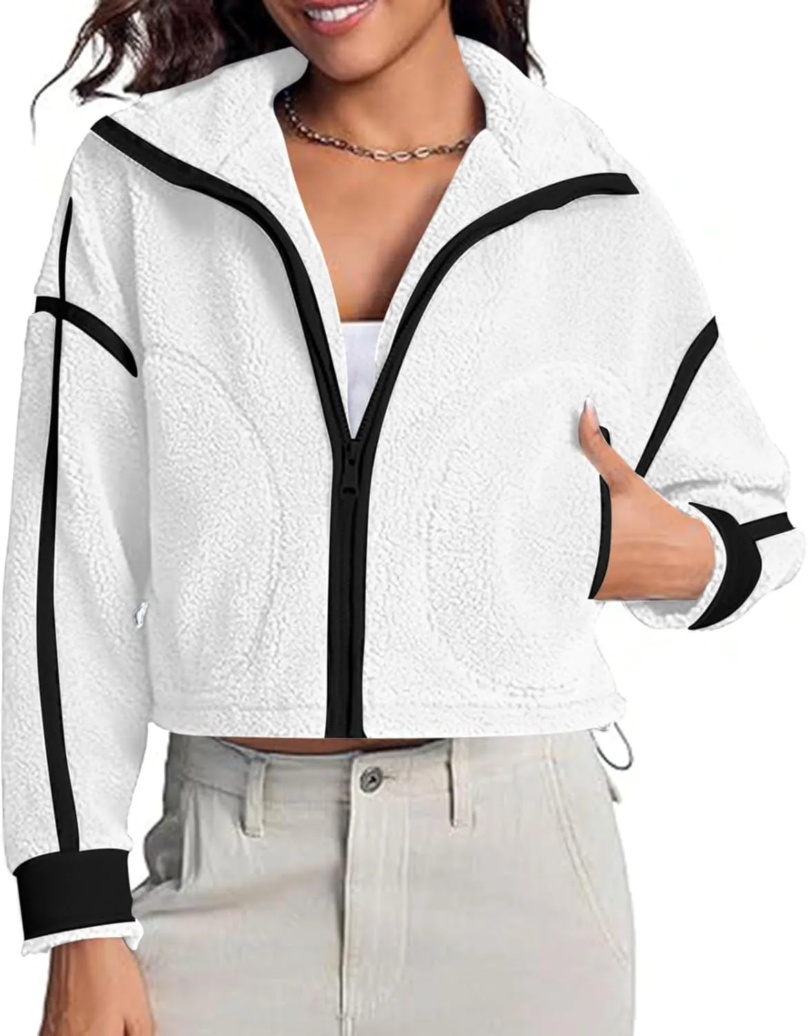 Women's Cropped Sherpa Hoodie Fleece Zip Up Jacket Warm Hooded Sweatshirt for Casual Winter and Fall Outfits