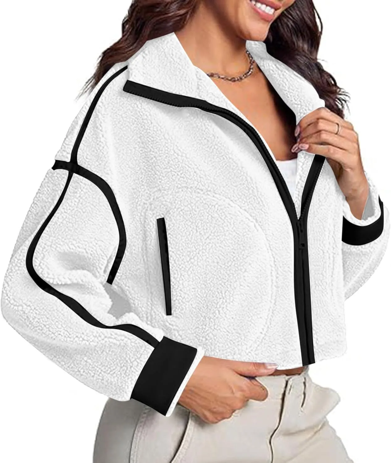 Women's Cropped Sherpa Hoodie Fleece Zip Up Jacket Warm Hooded Sweatshirt for Casual Winter and Fall Outfits