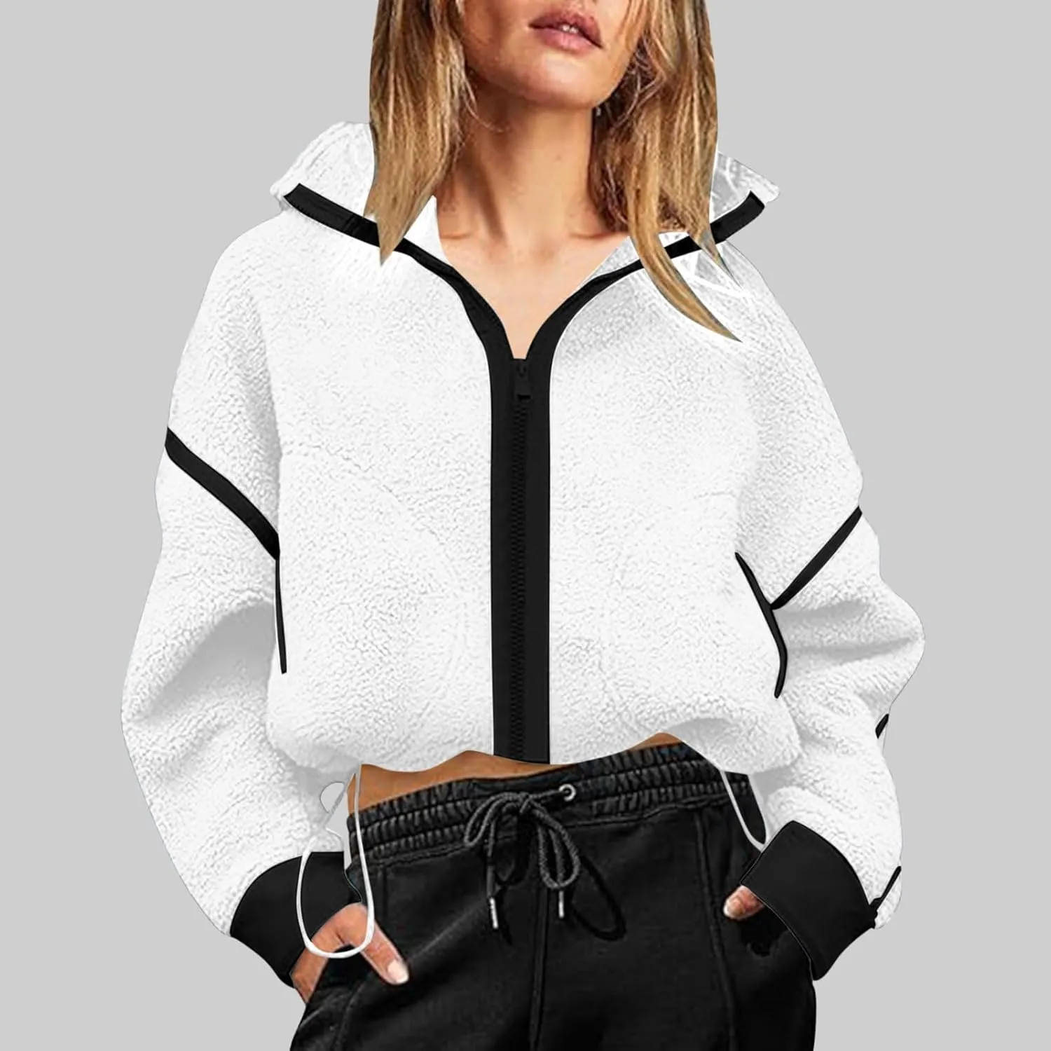 Women's Cropped Sherpa Hoodie Fleece Zip Up Jacket Warm Hooded Sweatshirt for Casual Winter and Fall Outfits