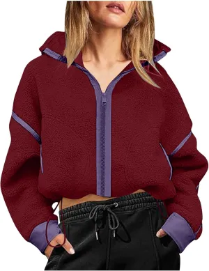 Women's Cropped Sherpa Hoodie Fleece Zip Up Jacket Warm Hooded Sweatshirt for Casual Winter and Fall Outfits