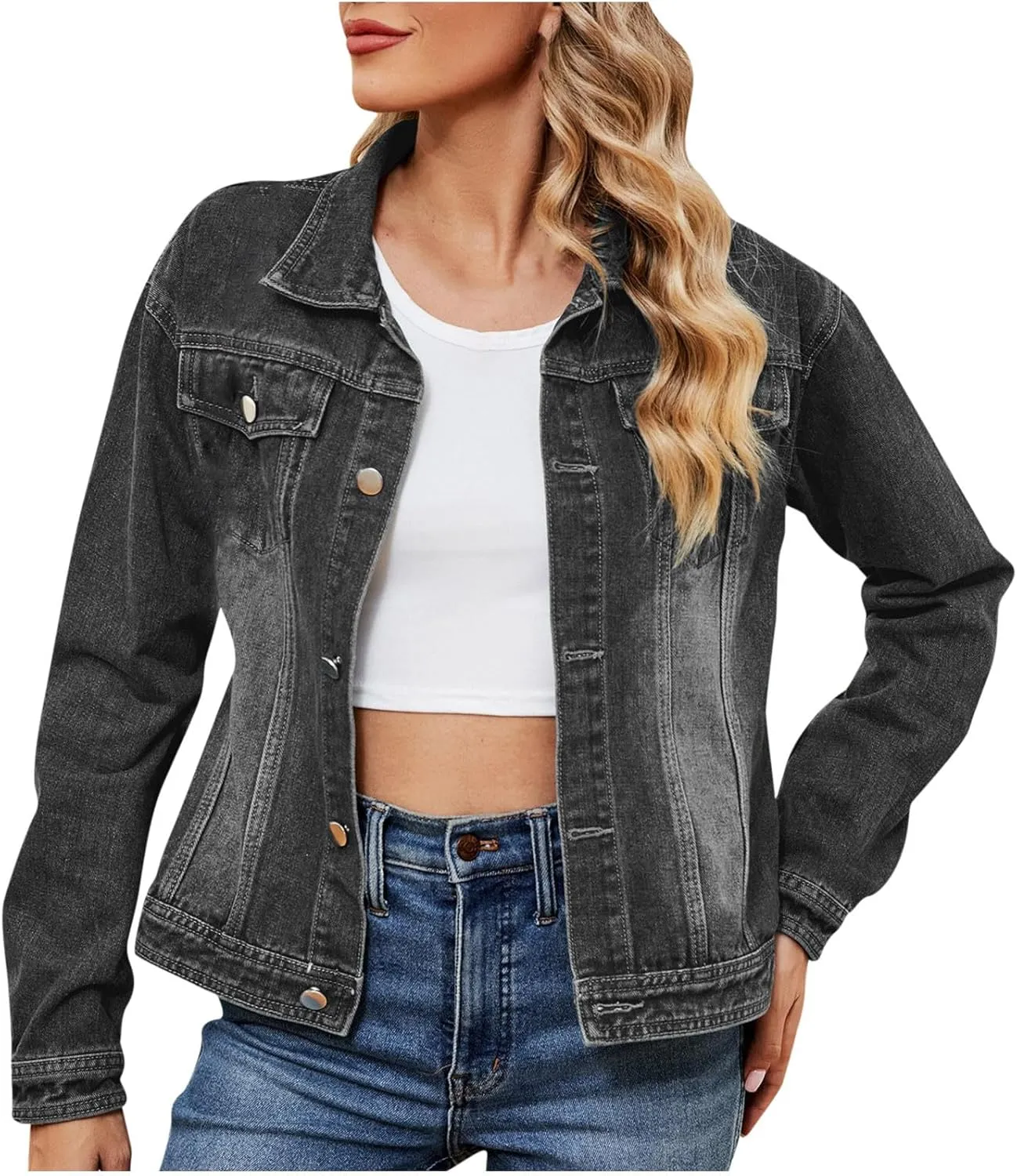 Womens Denim Jacket 2024 Button Up Distressed Jean Jackets Vintage Western Boyfriend Lightweight Coat with Pocket