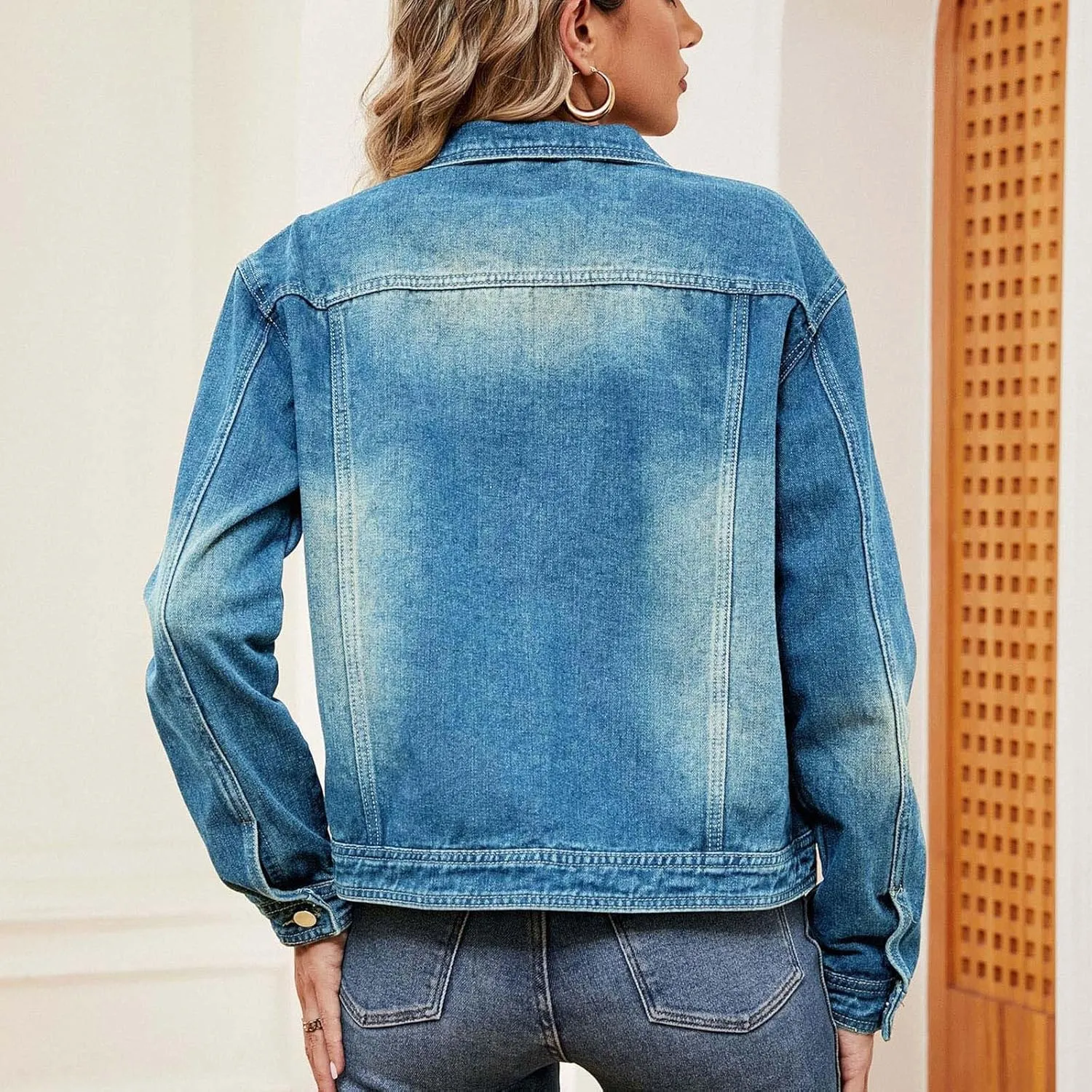 Womens Denim Jacket 2024 Button Up Distressed Jean Jackets Vintage Western Boyfriend Lightweight Coat with Pocket