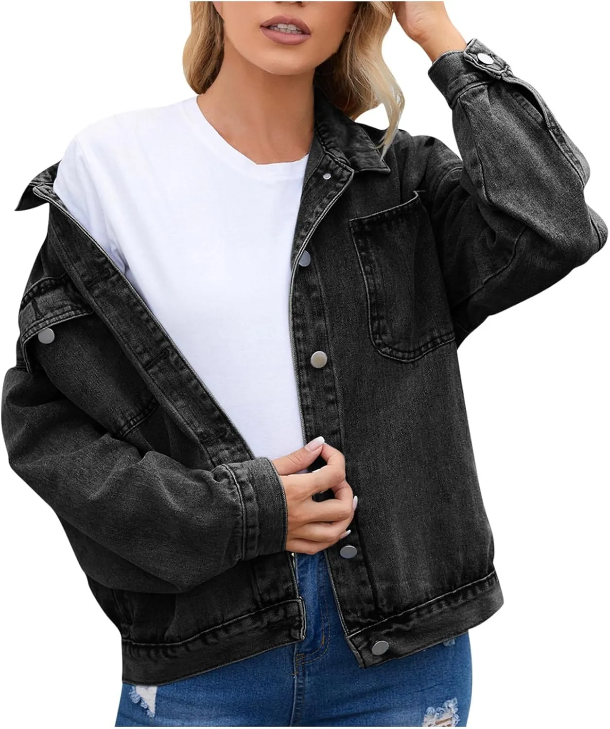 Womens Denim Jacket 2024 Button Up Distressed Jean Jackets Vintage Western Boyfriend Lightweight Coat with Pocket