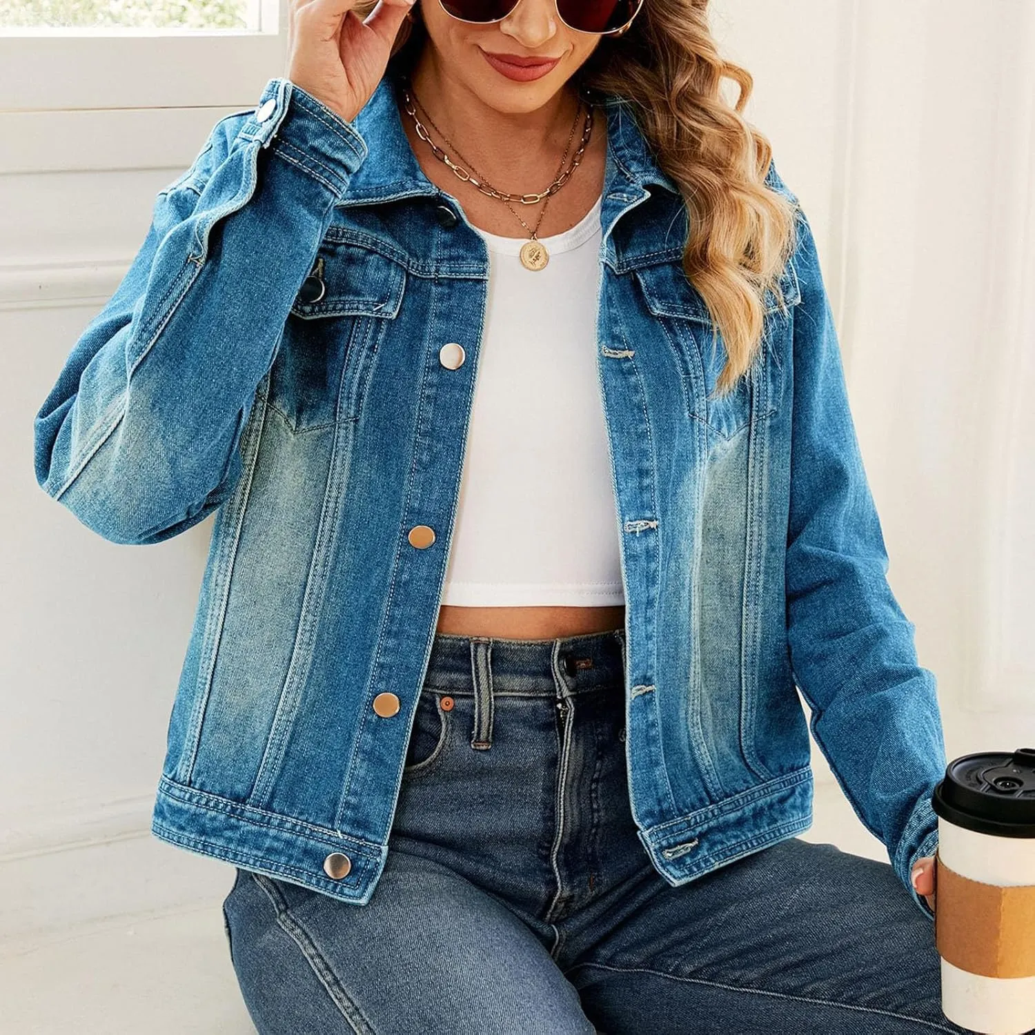 Womens Denim Jacket 2024 Button Up Distressed Jean Jackets Vintage Western Boyfriend Lightweight Coat with Pocket