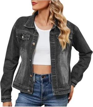 Womens Denim Jacket 2024 Button Up Distressed Jean Jackets Vintage Western Boyfriend Lightweight Coat with Pocket