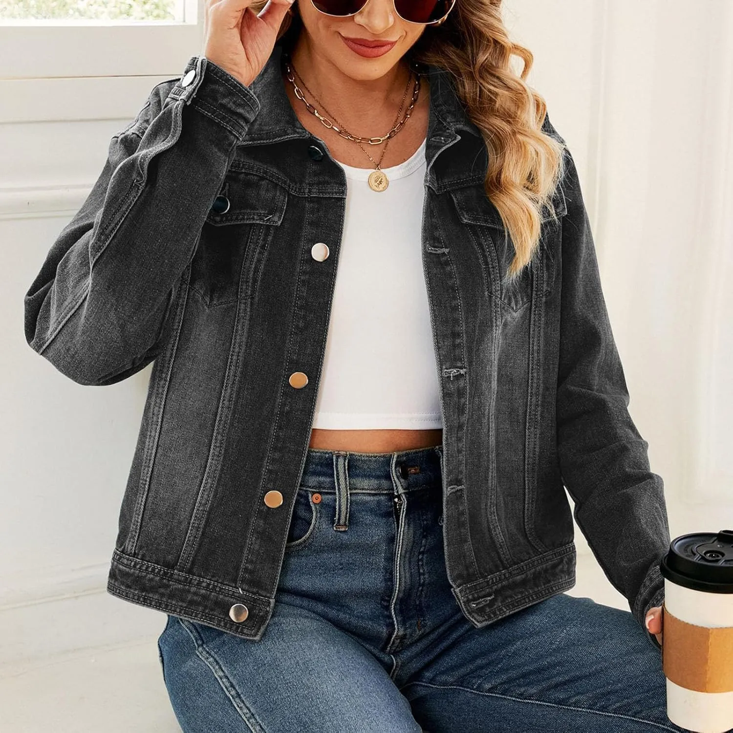 Womens Denim Jacket 2024 Button Up Distressed Jean Jackets Vintage Western Boyfriend Lightweight Coat with Pocket