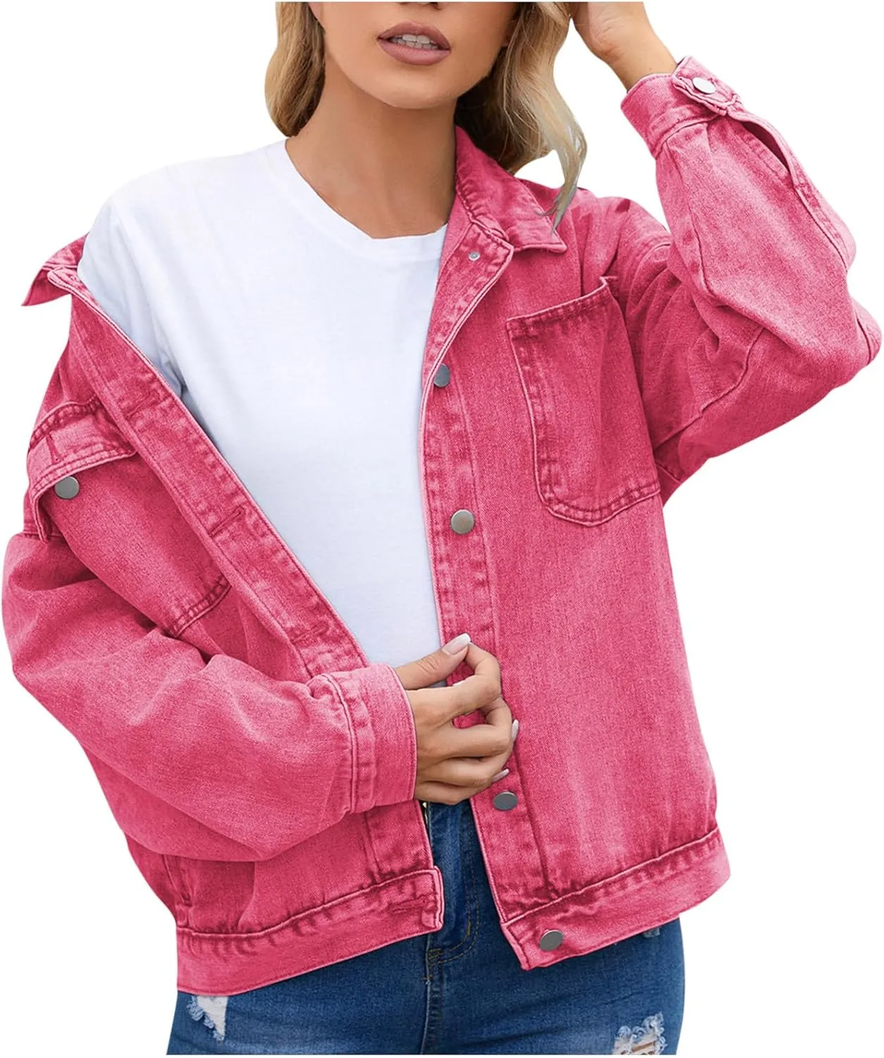 Womens Denim Jacket 2024 Button Up Distressed Jean Jackets Vintage Western Boyfriend Lightweight Coat with Pocket