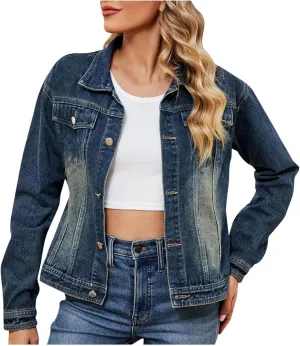 Womens Denim Jacket 2024 Button Up Distressed Jean Jackets Vintage Western Boyfriend Lightweight Coat with Pocket