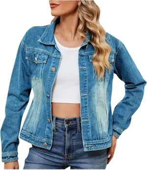 Womens Denim Jacket 2024 Button Up Distressed Jean Jackets Vintage Western Boyfriend Lightweight Coat with Pocket