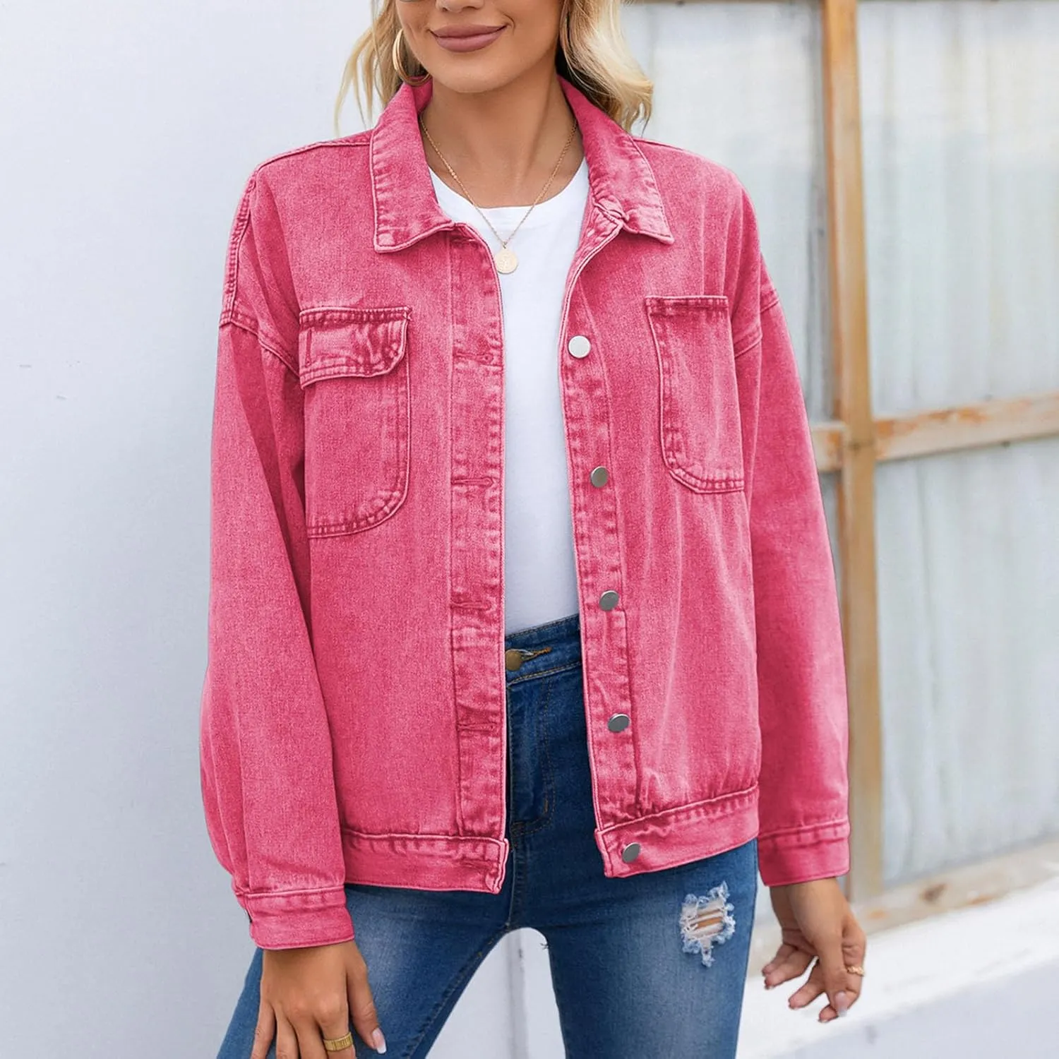 Womens Denim Jacket 2024 Button Up Distressed Jean Jackets Vintage Western Boyfriend Lightweight Coat with Pocket