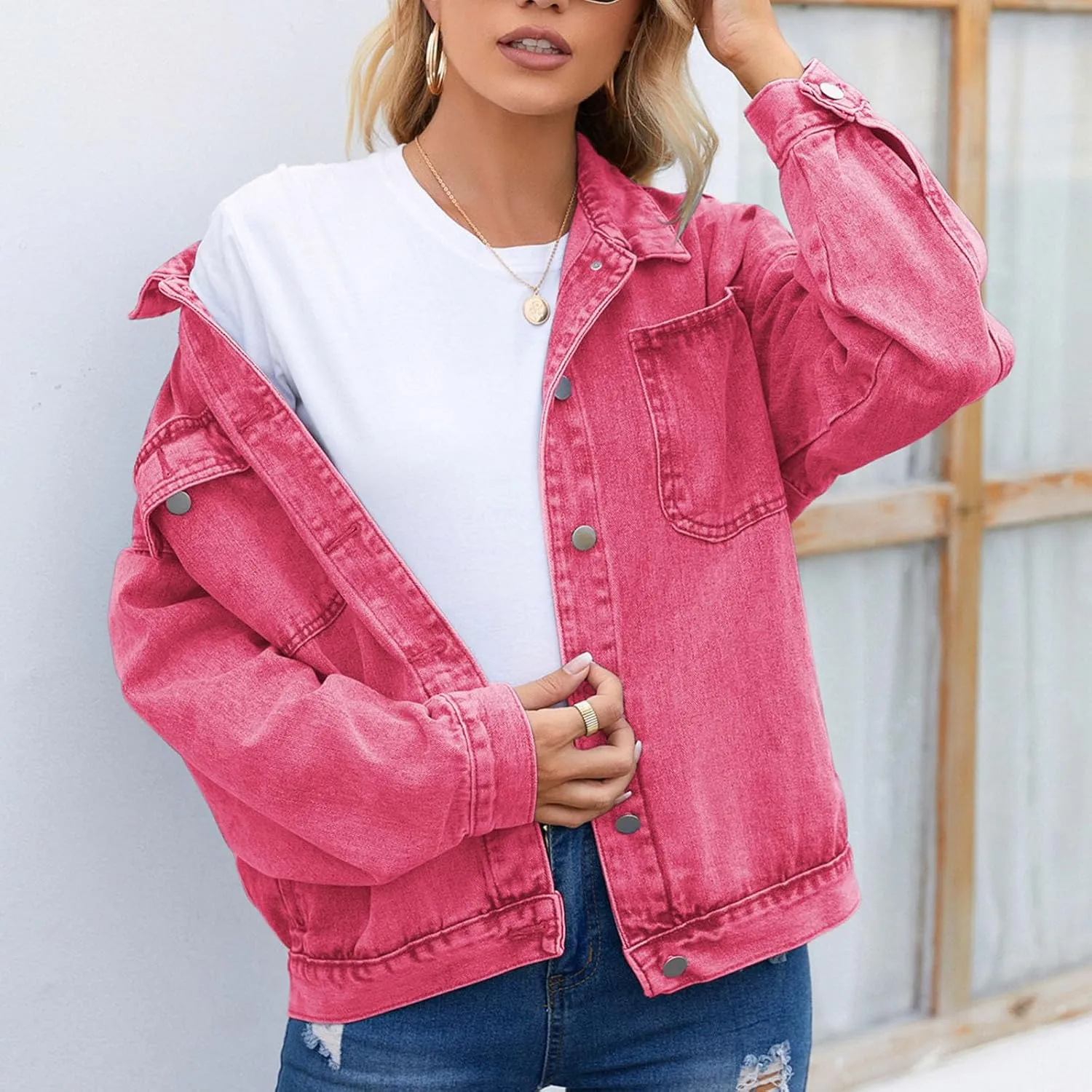 Womens Denim Jacket 2024 Button Up Distressed Jean Jackets Vintage Western Boyfriend Lightweight Coat with Pocket