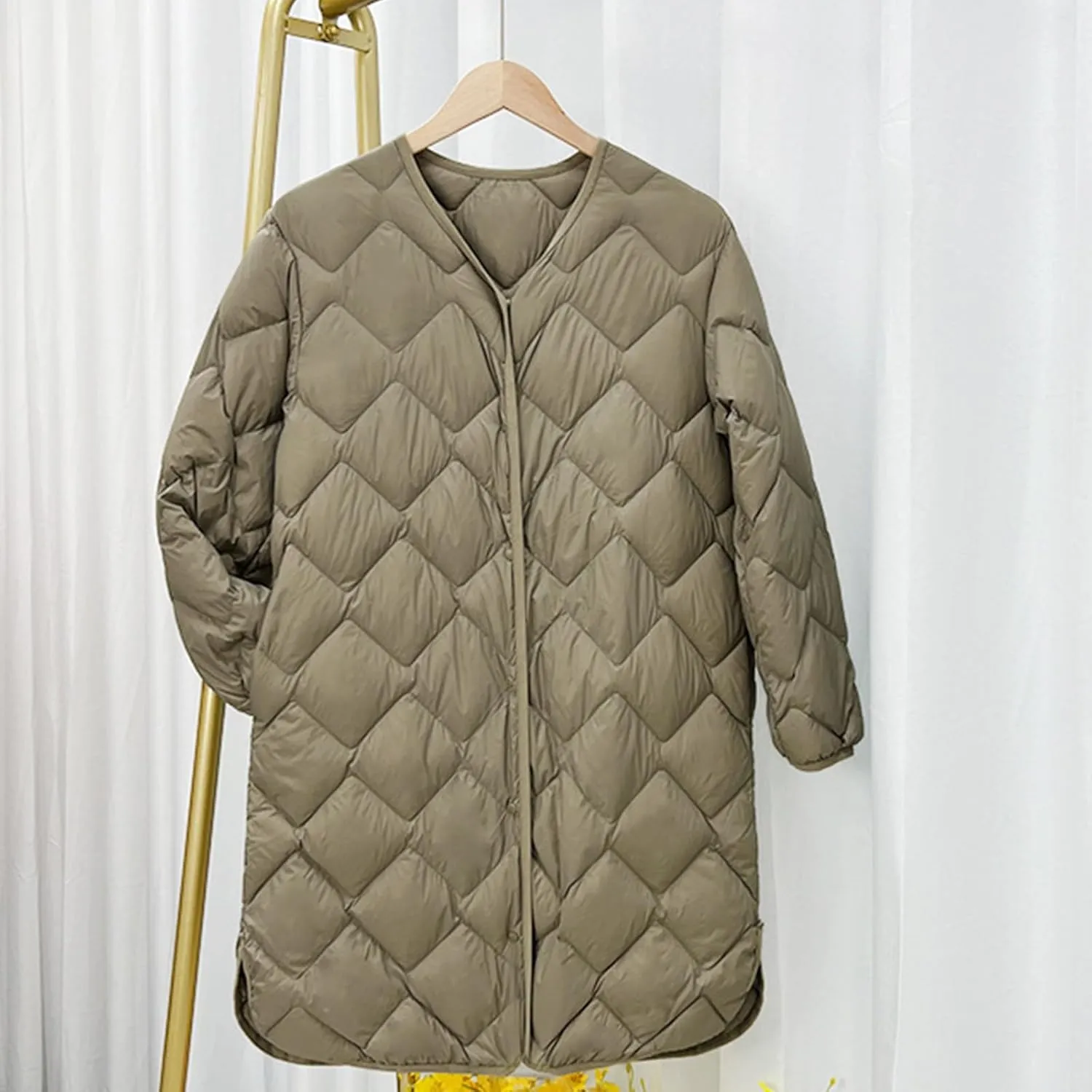 Womens Diamond Quilted Coats Lightweight Down Puffer Jackets Winter Warm Button Up Long Sleeve Thermal Coats