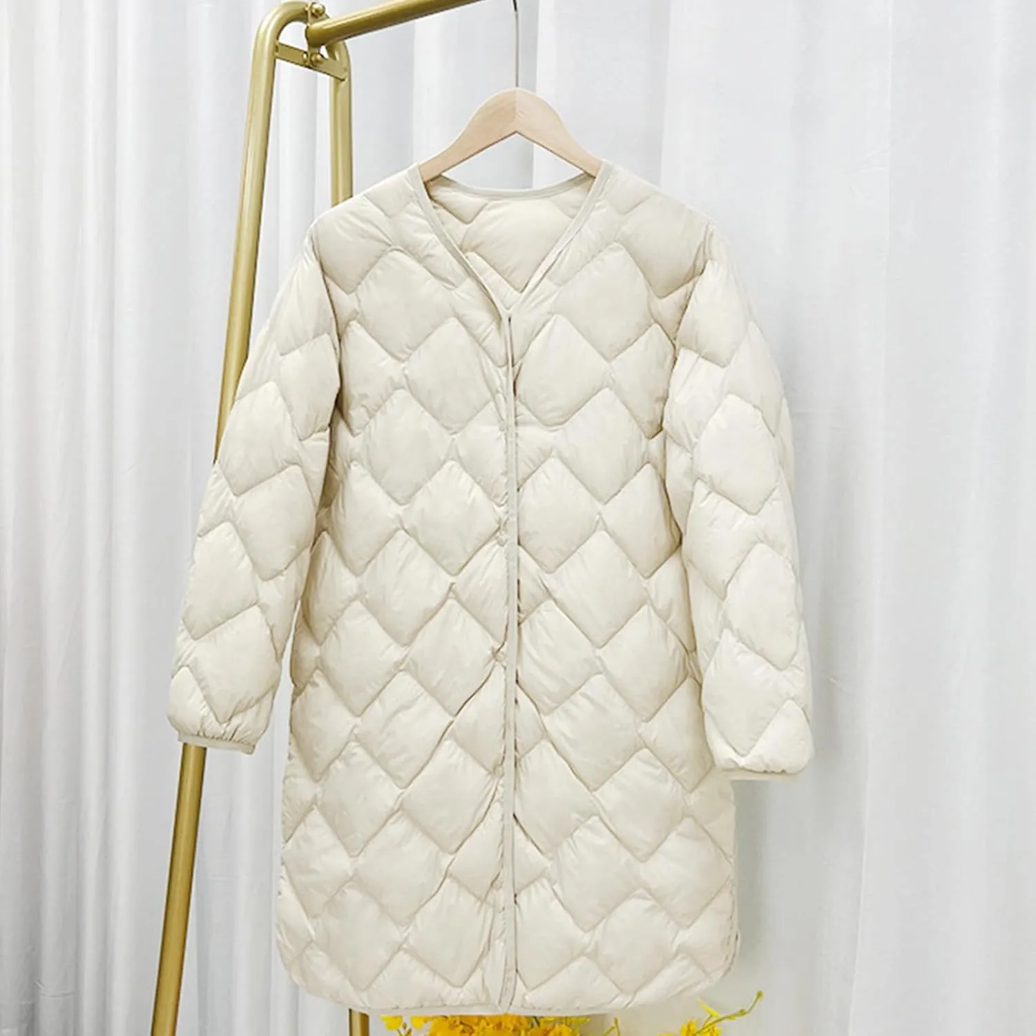 Womens Diamond Quilted Coats Lightweight Down Puffer Jackets Winter Warm Button Up Long Sleeve Thermal Coats