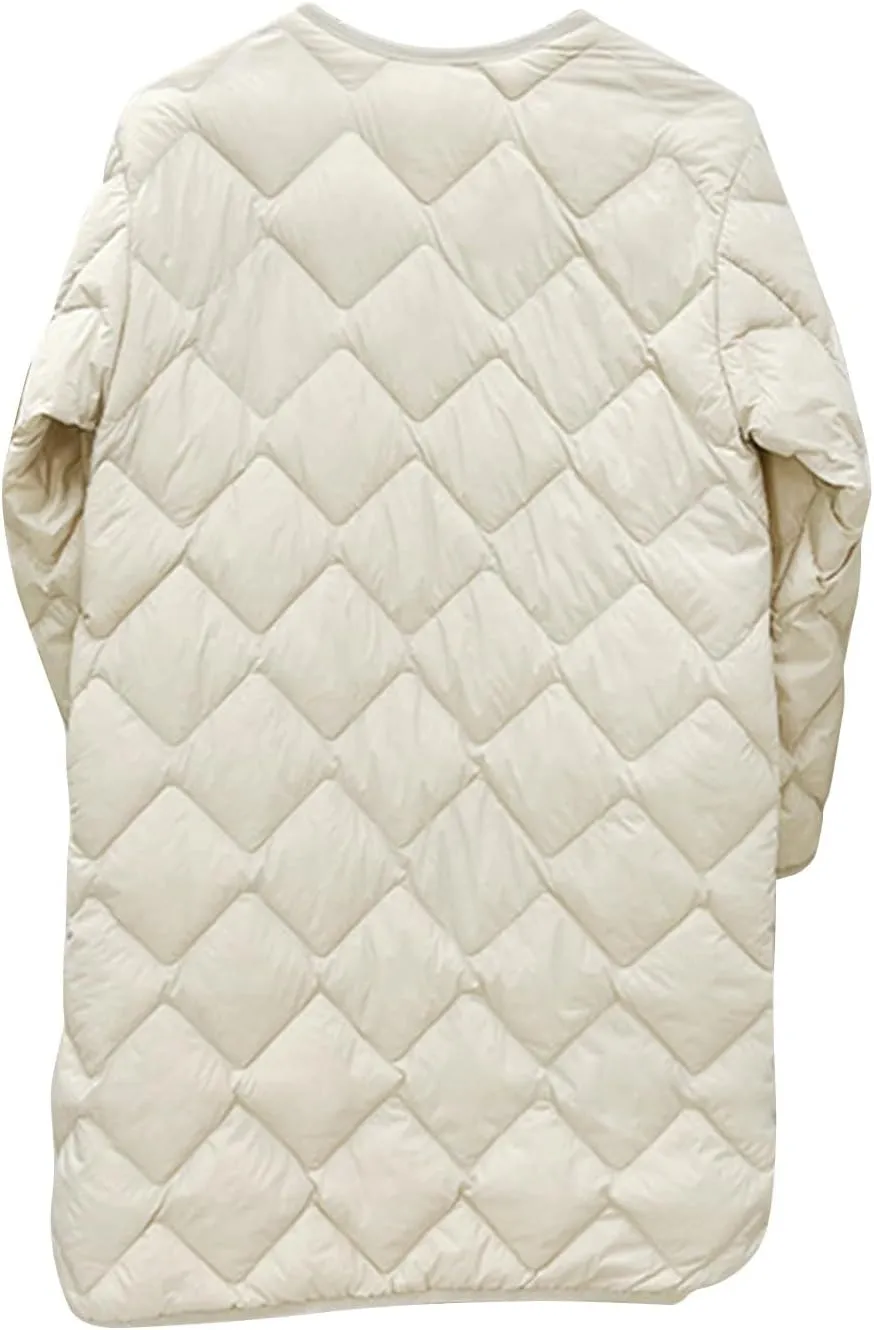 Womens Diamond Quilted Coats Lightweight Down Puffer Jackets Winter Warm Button Up Long Sleeve Thermal Coats