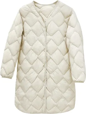 Womens Diamond Quilted Coats Lightweight Down Puffer Jackets Winter Warm Button Up Long Sleeve Thermal Coats