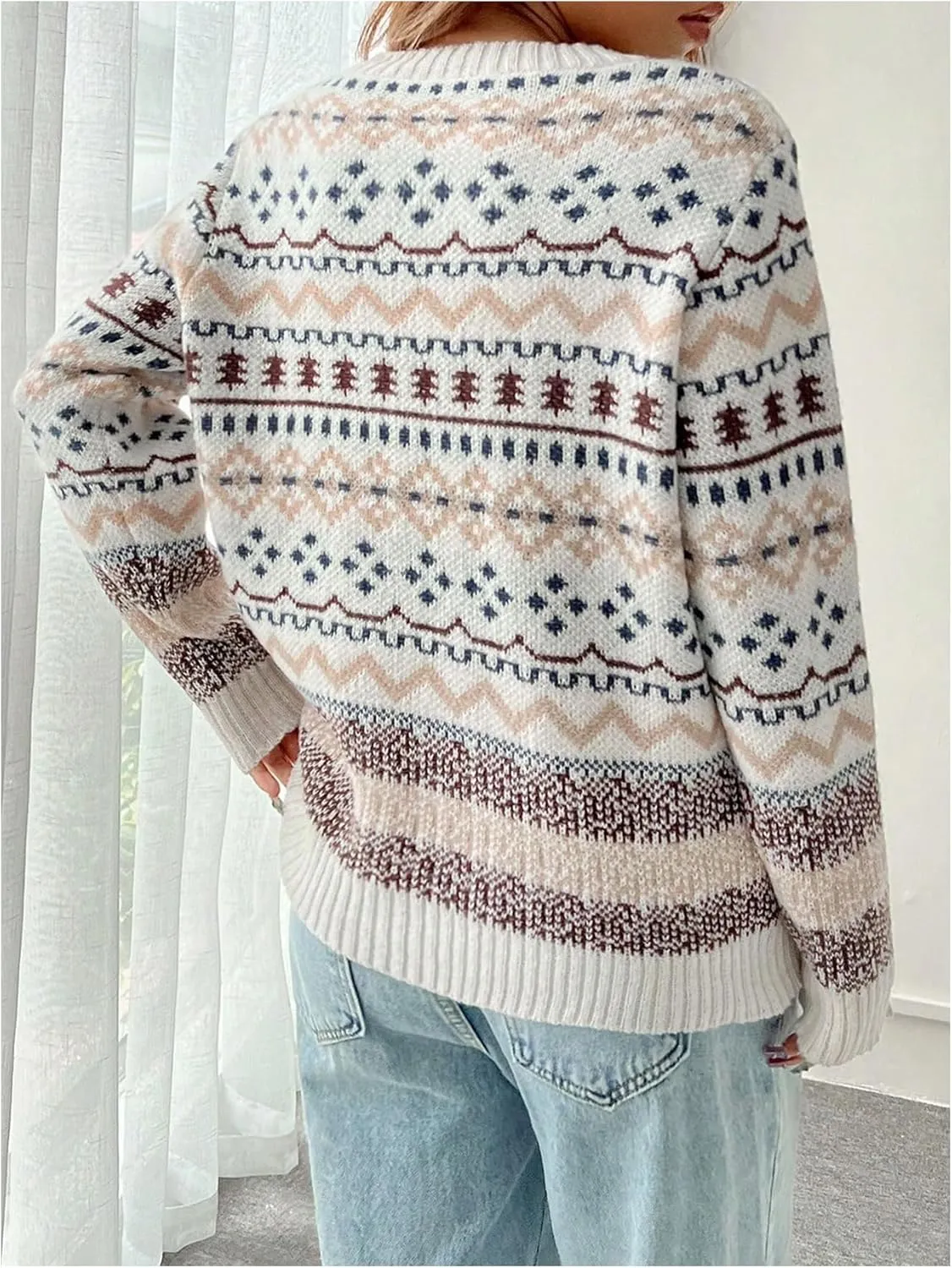Women's Geometric Fair Isle Sweaters Crew Neck Drop Shoulder Casual Christmas Knit Pullover Tops