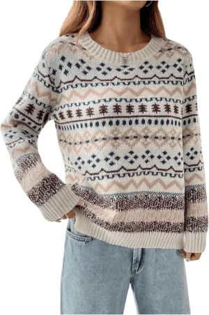 Women's Geometric Fair Isle Sweaters Crew Neck Drop Shoulder Casual Christmas Knit Pullover Tops