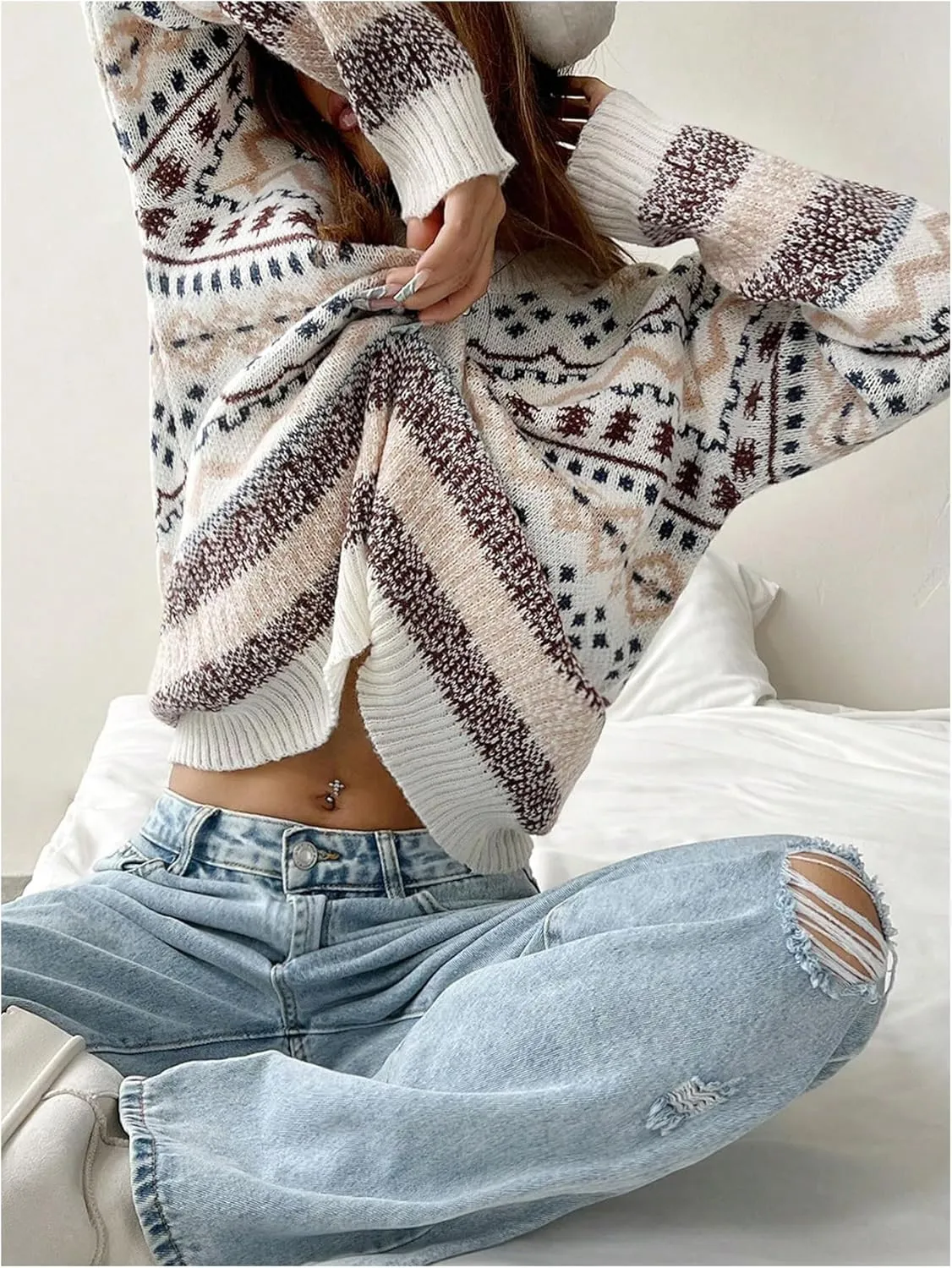 Women's Geometric Fair Isle Sweaters Crew Neck Drop Shoulder Casual Christmas Knit Pullover Tops