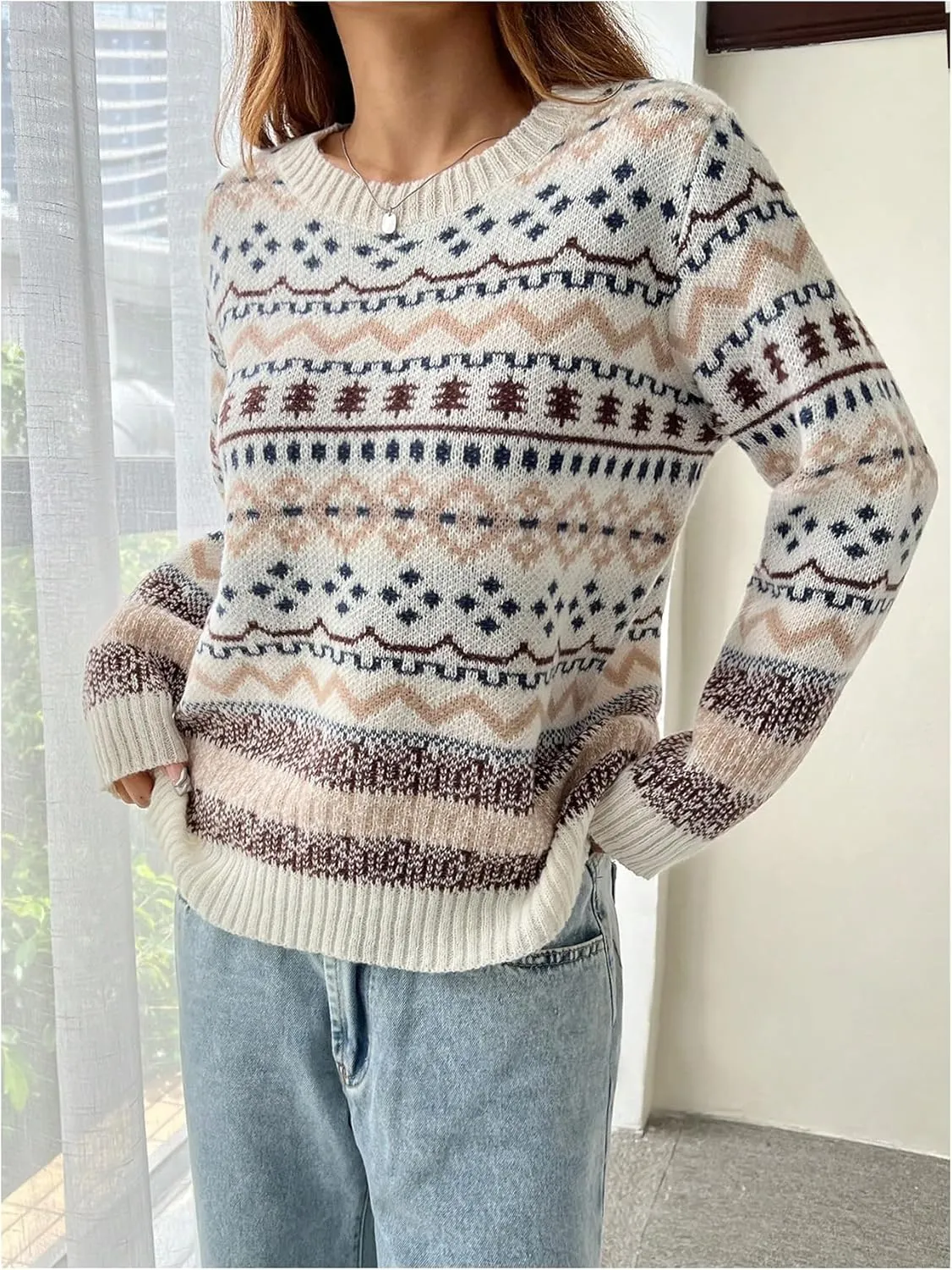 Women's Geometric Fair Isle Sweaters Crew Neck Drop Shoulder Casual Christmas Knit Pullover Tops