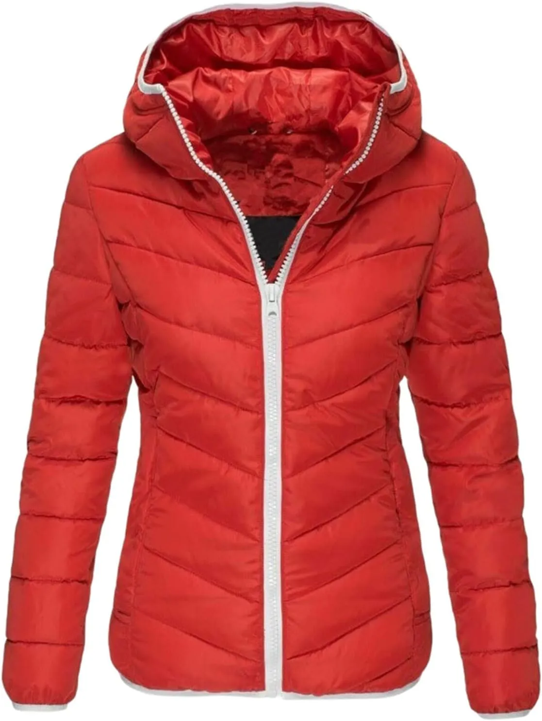 Women's Hooded Quilted Jacket Slim Fit Zipper Short Puffer Down Warm Ultra Lightweight Winter Padded Jacket with Pockets