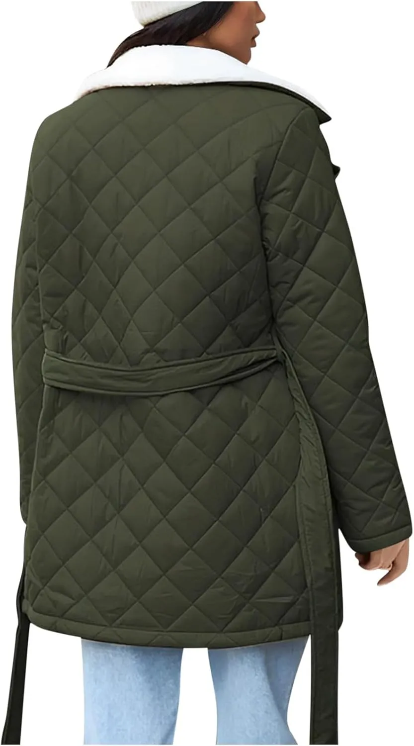 Womens Jackets Winter Lapel Mid-Length Diamond Quilted Down Jacket Fleece Lined Button Down Puffer Jacket Coat