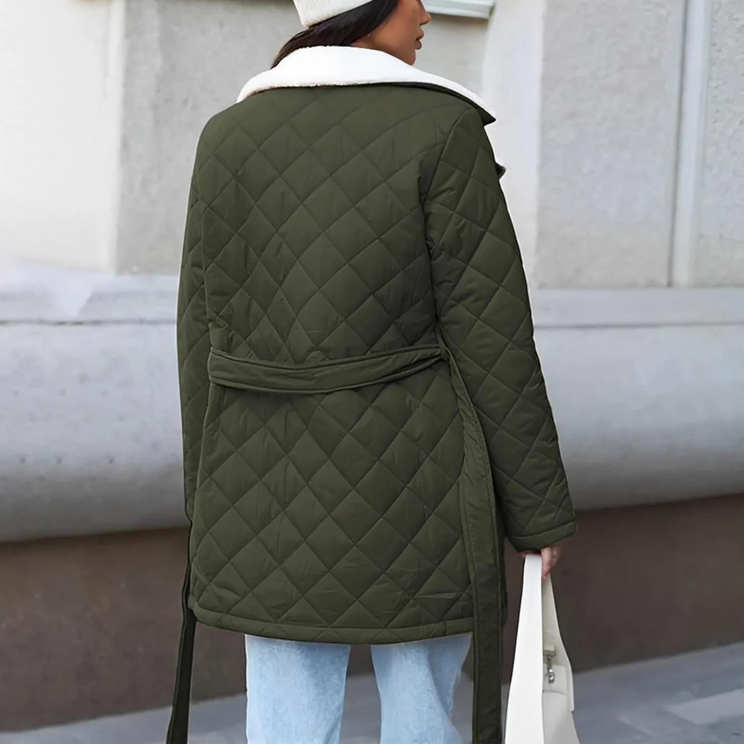 Womens Jackets Winter Lapel Mid-Length Diamond Quilted Down Jacket Fleece Lined Button Down Puffer Jacket Coat