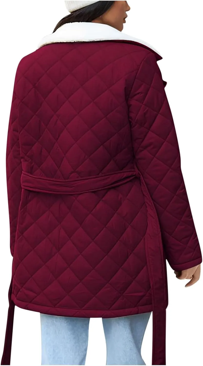 Womens Jackets Winter Lapel Mid-Length Diamond Quilted Down Jacket Fleece Lined Button Down Puffer Jacket Coat