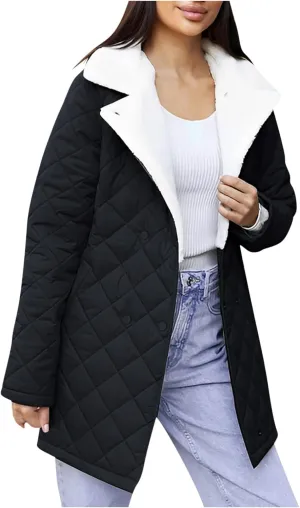Womens Jackets Winter Lapel Mid-Length Diamond Quilted Down Jacket Fleece Lined Button Down Puffer Jacket Coat