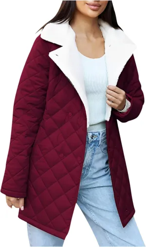Womens Jackets Winter Lapel Mid-Length Diamond Quilted Down Jacket Fleece Lined Button Down Puffer Jacket Coat