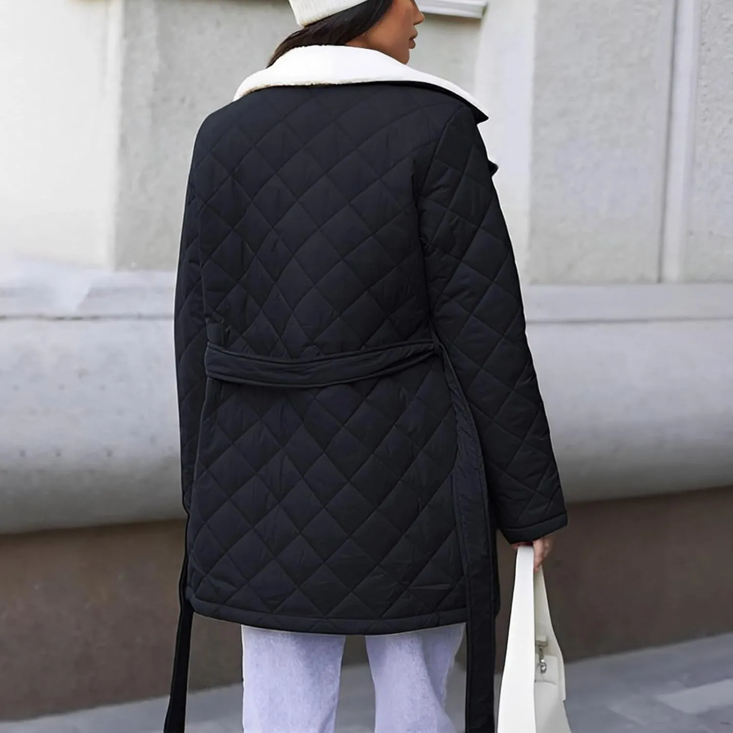 Womens Jackets Winter Lapel Mid-Length Diamond Quilted Down Jacket Fleece Lined Button Down Puffer Jacket Coat