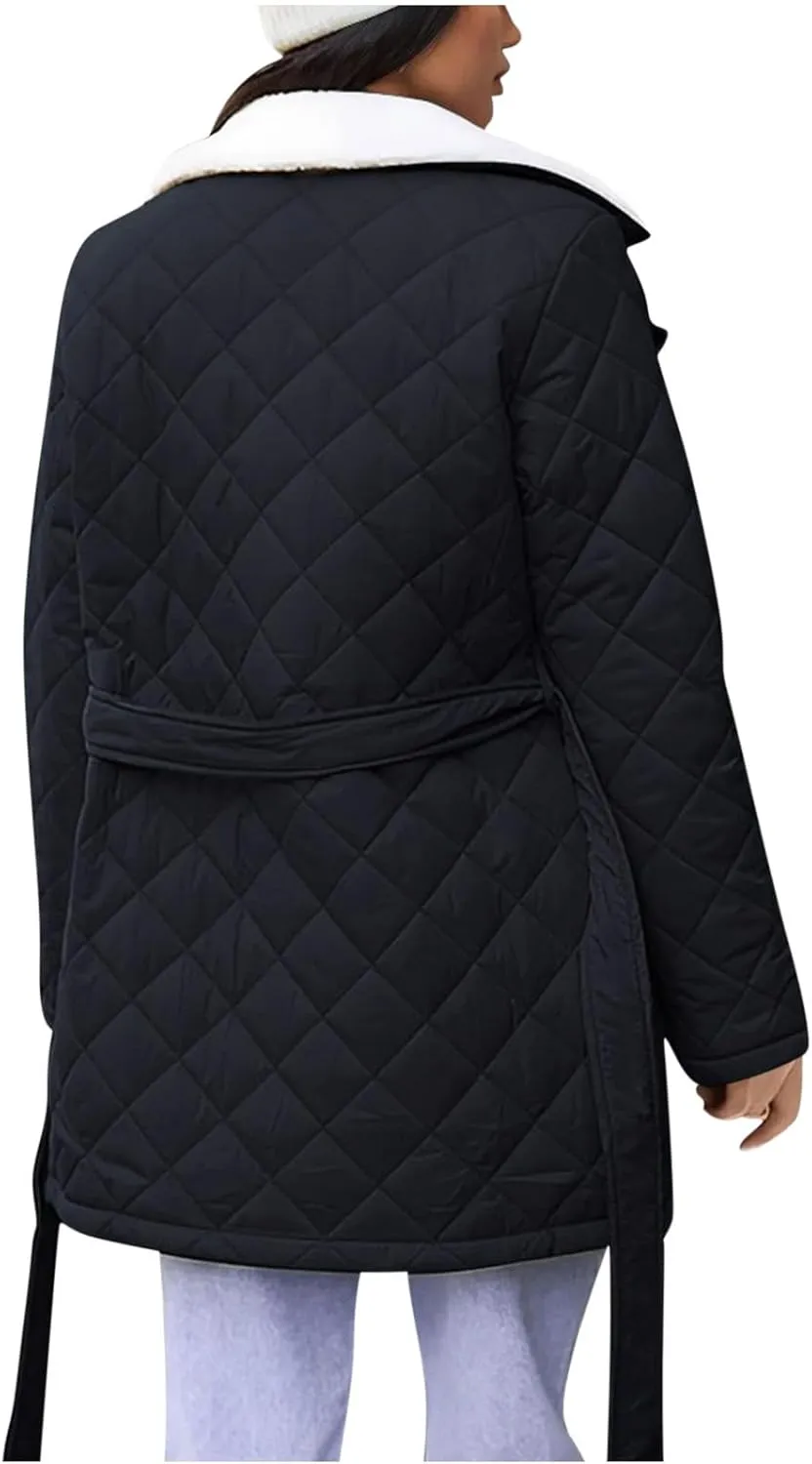 Womens Jackets Winter Lapel Mid-Length Diamond Quilted Down Jacket Fleece Lined Button Down Puffer Jacket Coat