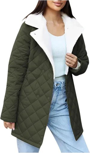 Womens Jackets Winter Lapel Mid-Length Diamond Quilted Down Jacket Fleece Lined Button Down Puffer Jacket Coat