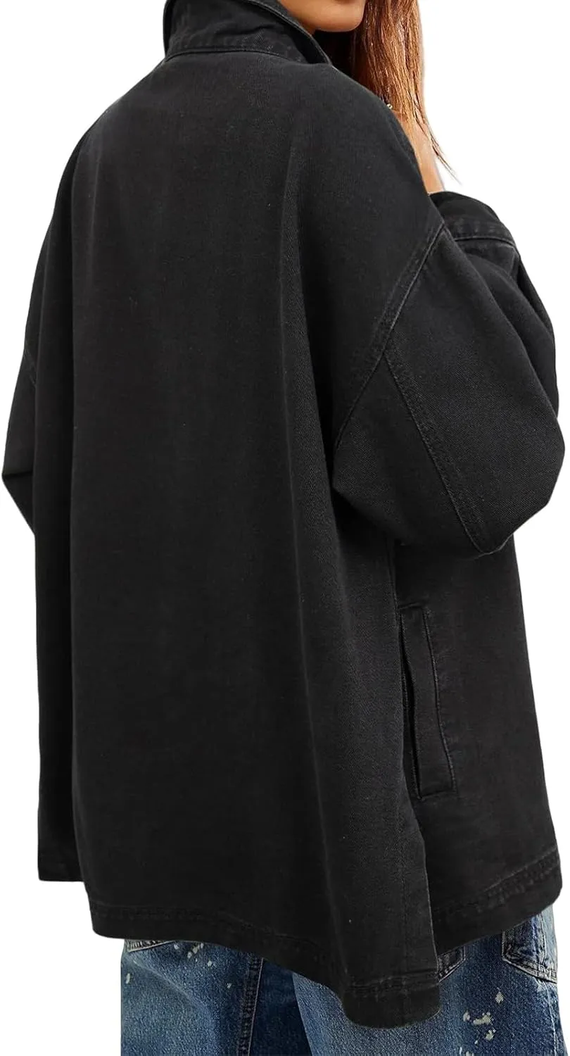 Womens Jean Jacket Oversized Mid Long Denim Jacket Boyfriend Button Up Jacket with Pockets