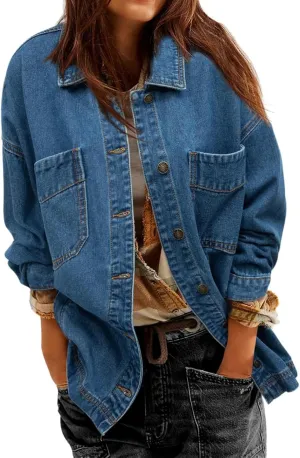 Womens Jean Jacket Oversized Mid Long Denim Jacket Boyfriend Button Up Jacket with Pockets