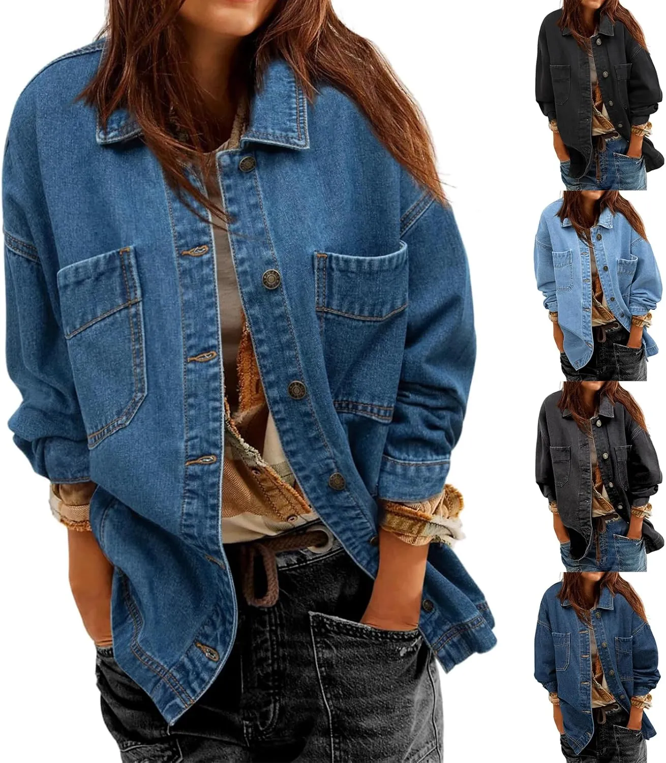 Womens Jean Jacket Oversized Mid Long Denim Jacket Boyfriend Button Up Jacket with Pockets
