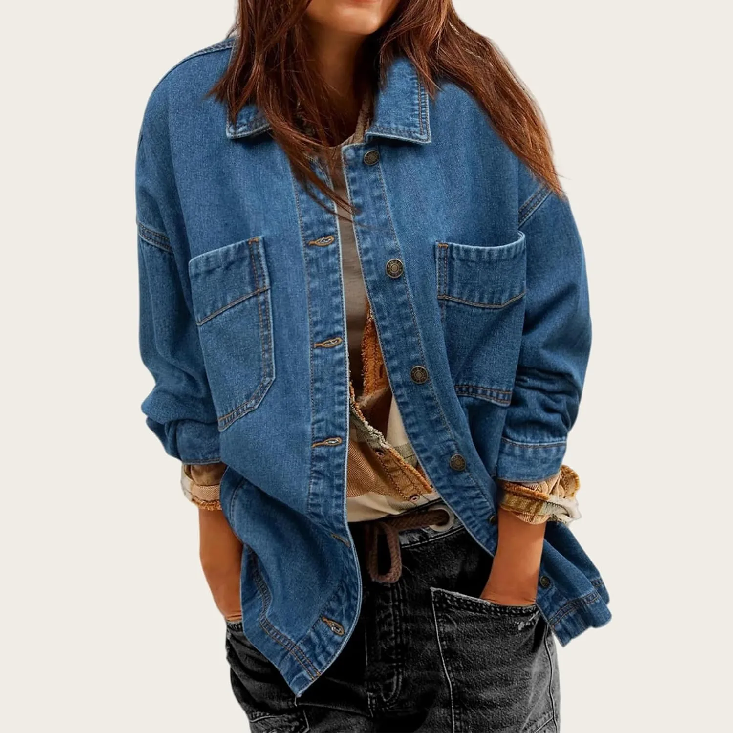 Womens Jean Jacket Oversized Mid Long Denim Jacket Boyfriend Button Up Jacket with Pockets