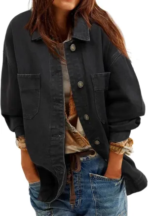 Womens Jean Jacket Oversized Mid Long Denim Jacket Boyfriend Button Up Jacket with Pockets