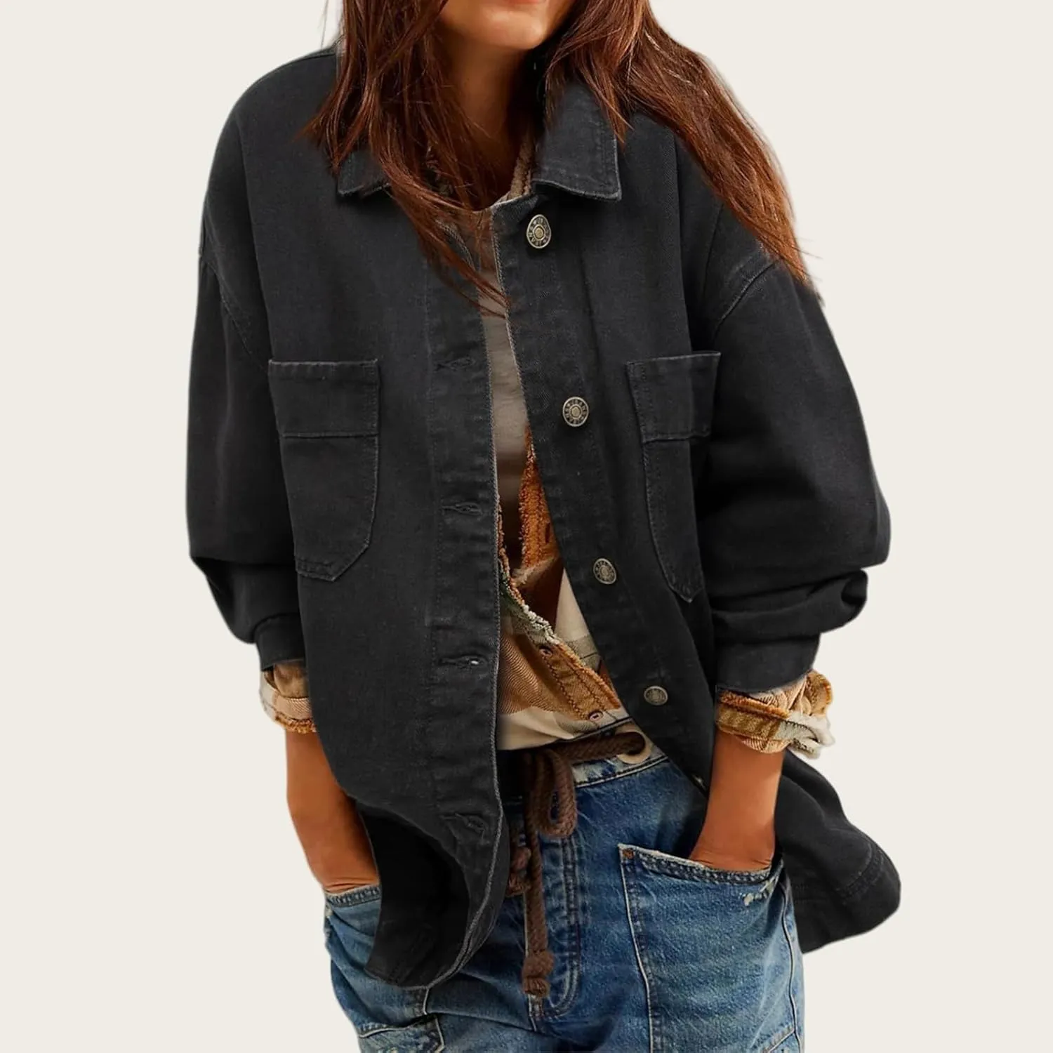 Womens Jean Jacket Oversized Mid Long Denim Jacket Boyfriend Button Up Jacket with Pockets