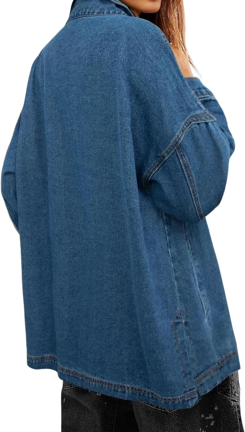Womens Jean Jacket Oversized Mid Long Denim Jacket Boyfriend Button Up Jacket with Pockets