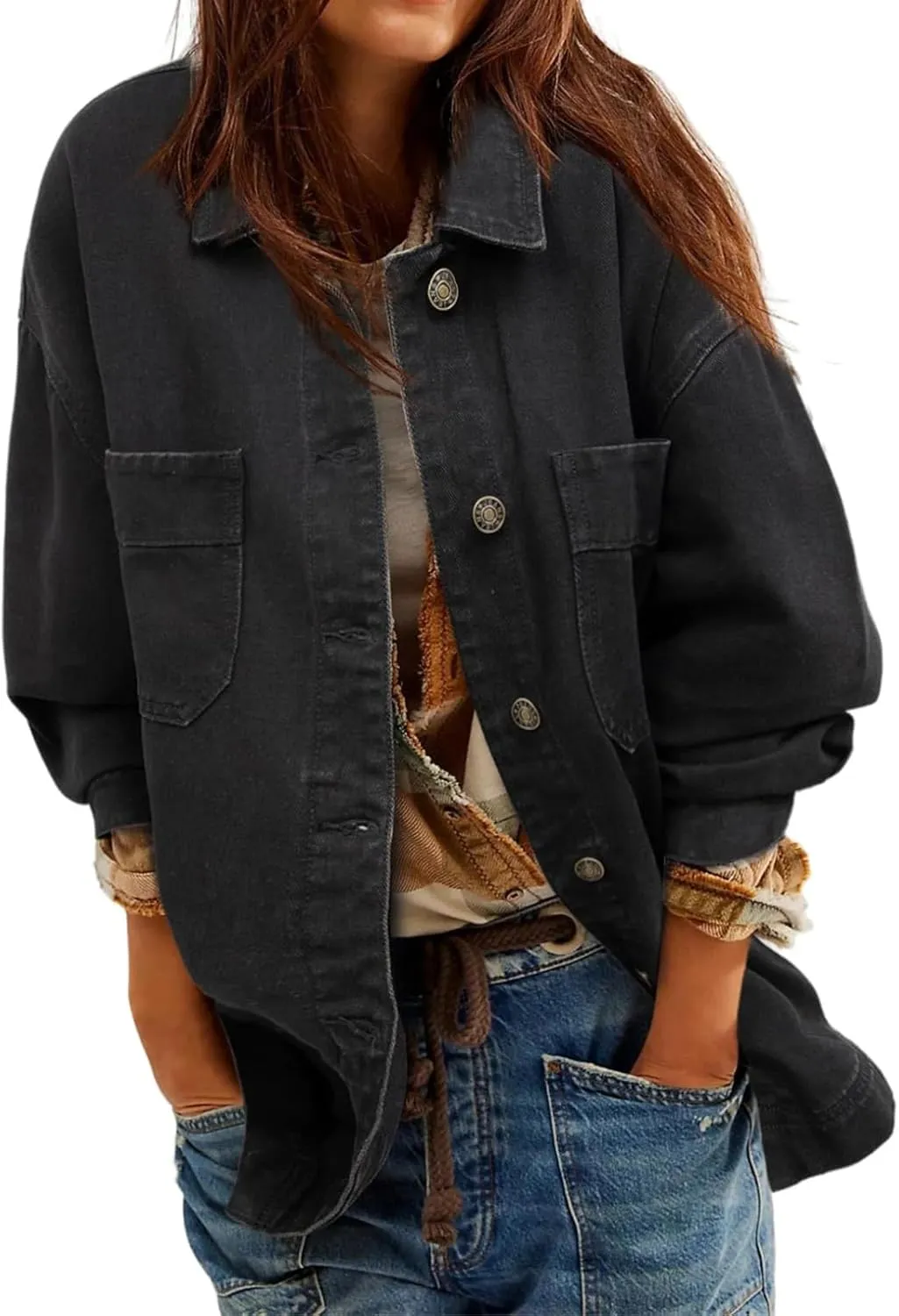Womens Jean Jacket Oversized Mid Long Denim Jacket Boyfriend Button Up Jacket with Pockets