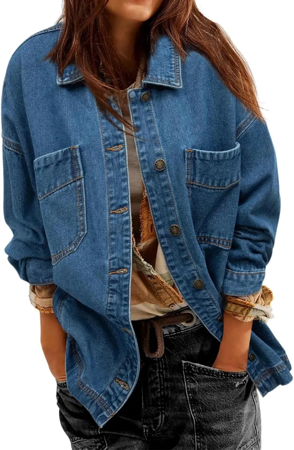 Womens Jean Jacket Oversized Mid Long Denim Jacket Boyfriend Button Up Jacket with Pockets