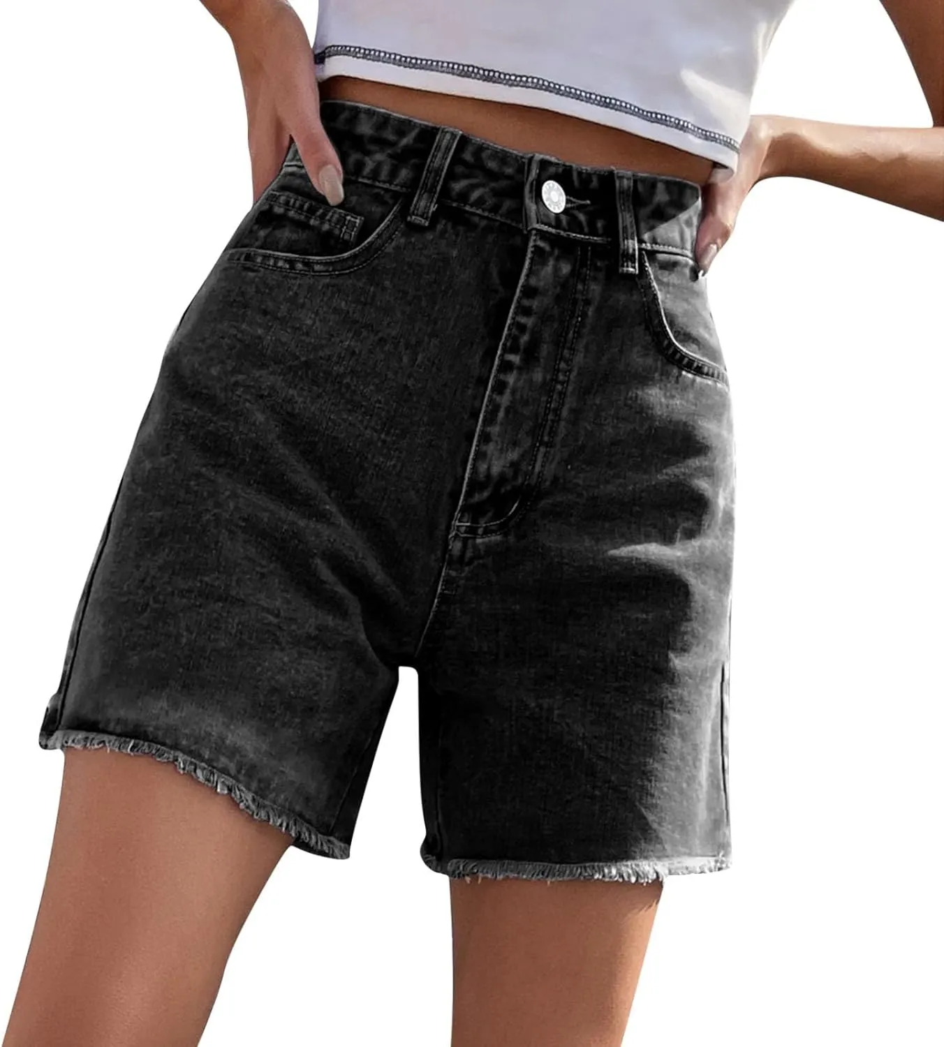 Women's Jean Shorts 2025 Trendy Stretchy High Waisted Denim Shorts Summer Comfy Loose Mid Length Shorts with Pocket