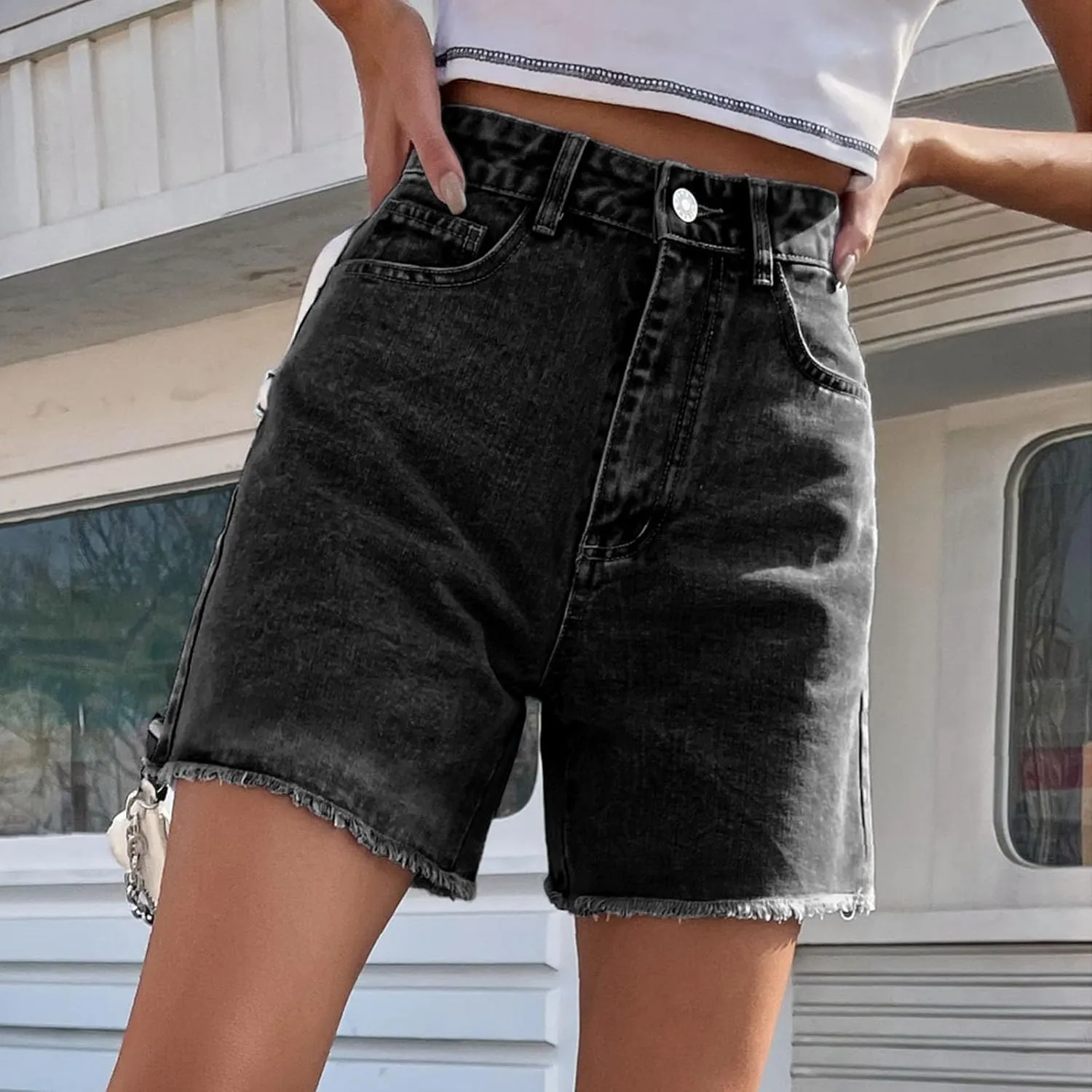 Women's Jean Shorts 2025 Trendy Stretchy High Waisted Denim Shorts Summer Comfy Loose Mid Length Shorts with Pocket