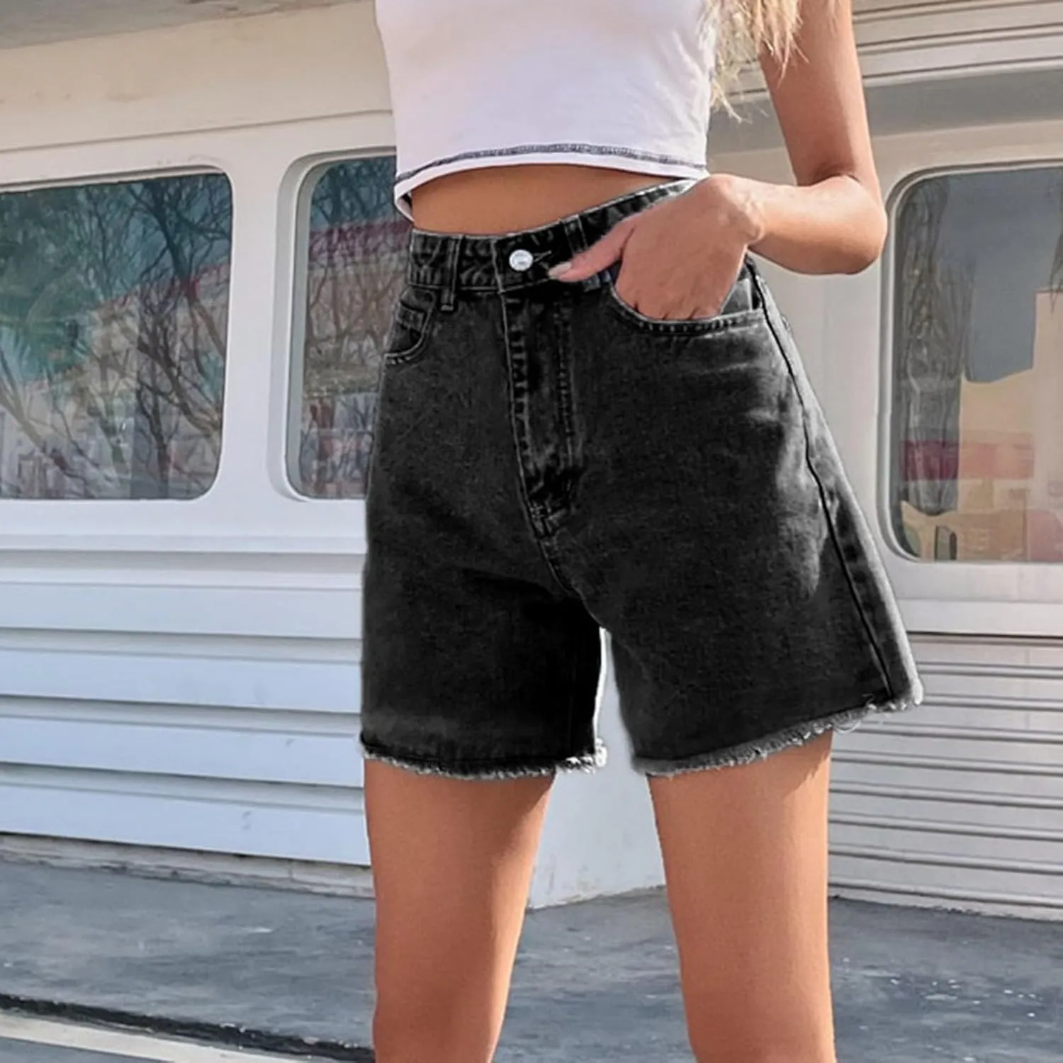 Women's Jean Shorts 2025 Trendy Stretchy High Waisted Denim Shorts Summer Comfy Loose Mid Length Shorts with Pocket