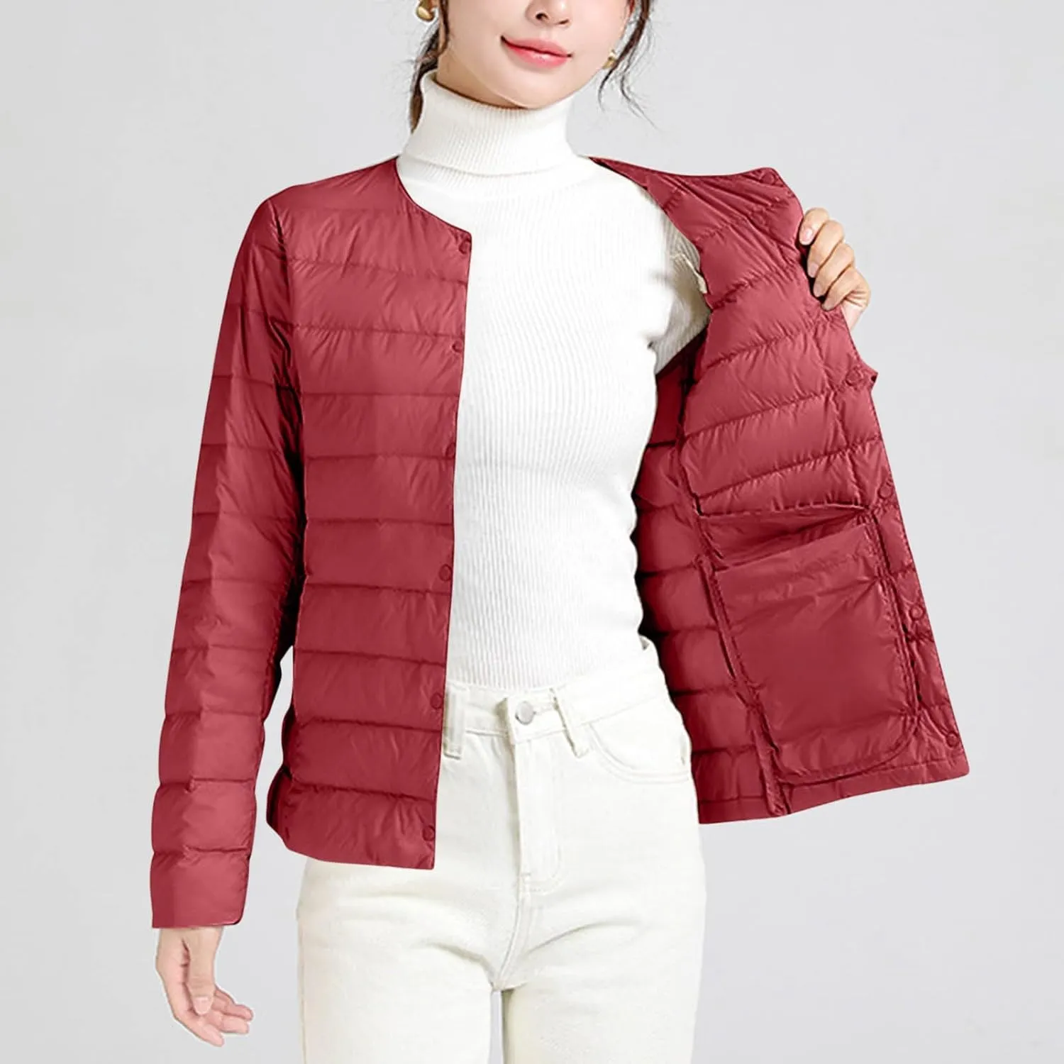 Womens Lightweight Packable Puffer Jackets Long Sleeve Down Coats Button Up Cardigan Short Winter Coat Quilted Jacket